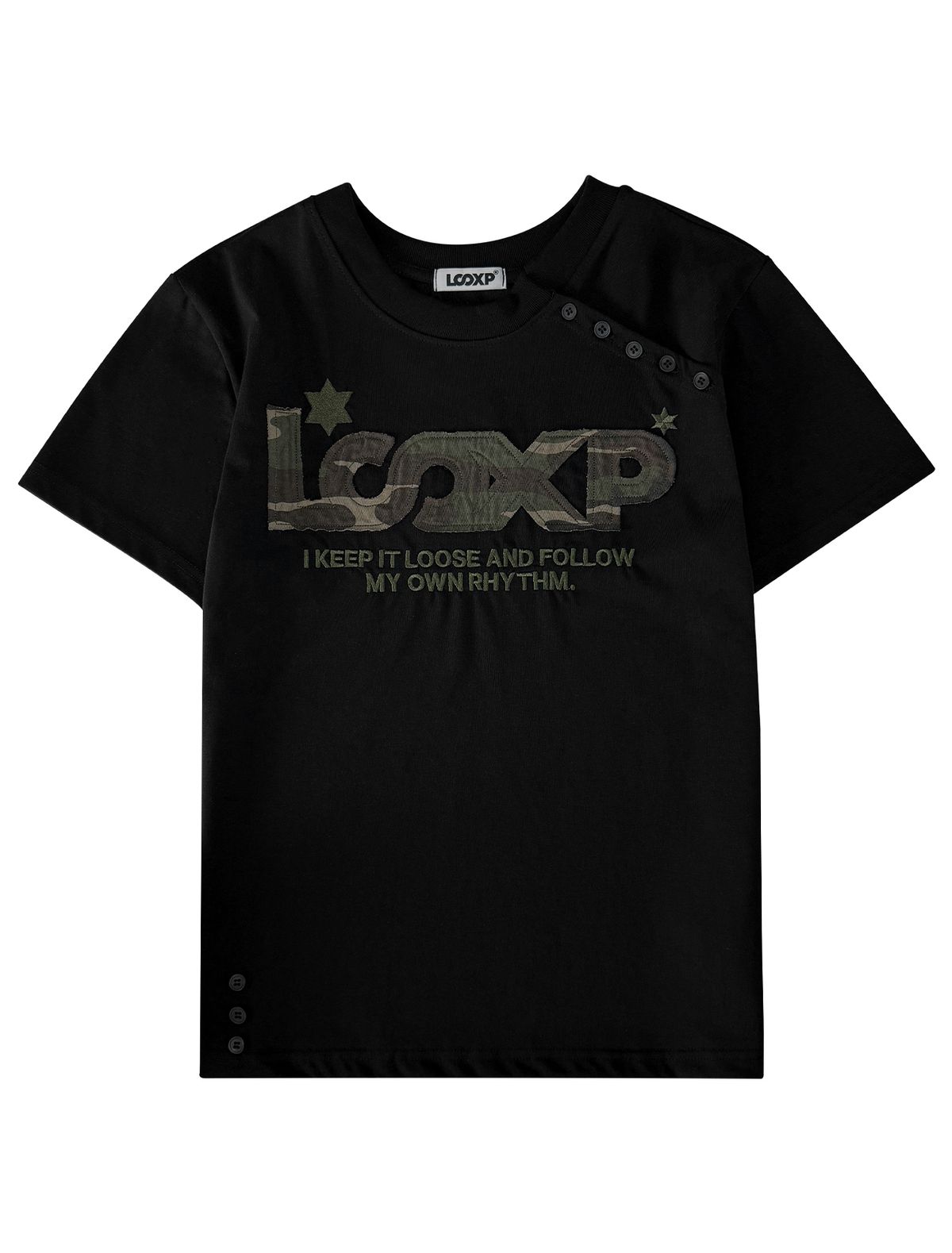 루프(LOOXP) 카모 스타 아플리케 사선 버튼 반팔티 블랙(카모)