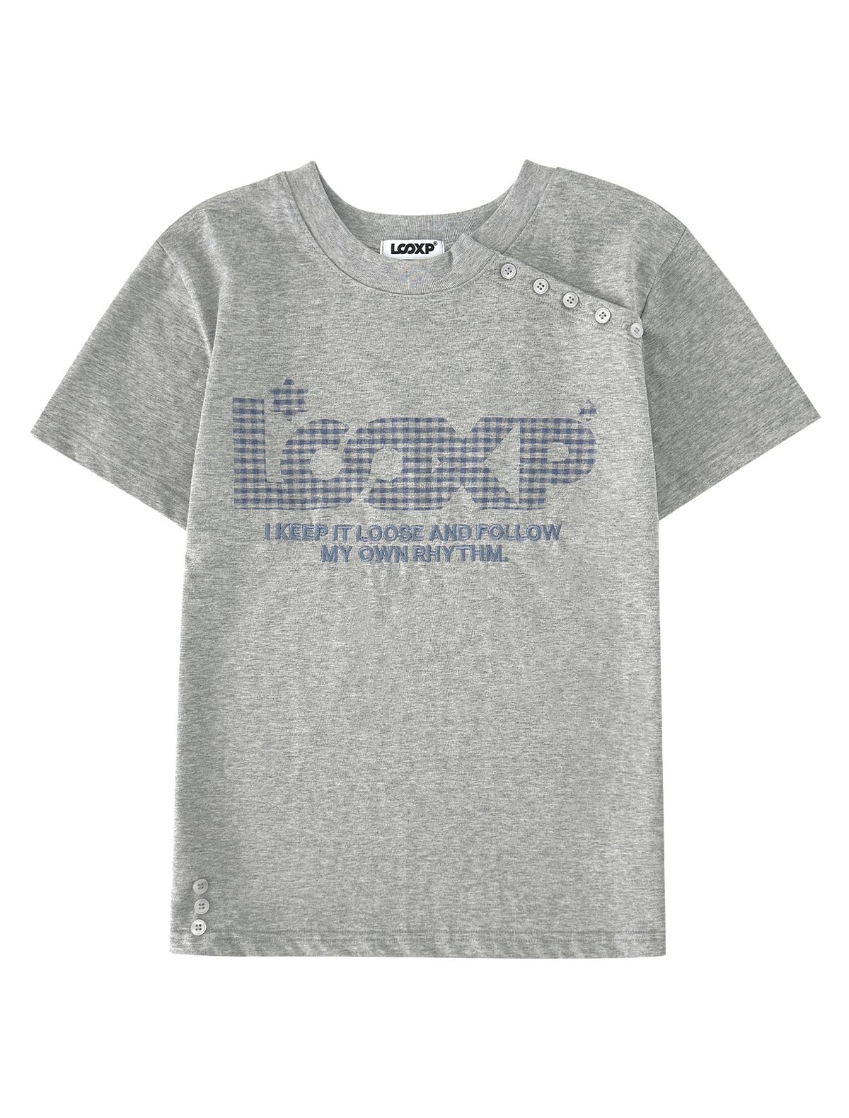 루프(LOOXP) 카모 스타 아플리케 사선 버튼 반팔티 그레이(블루체크)