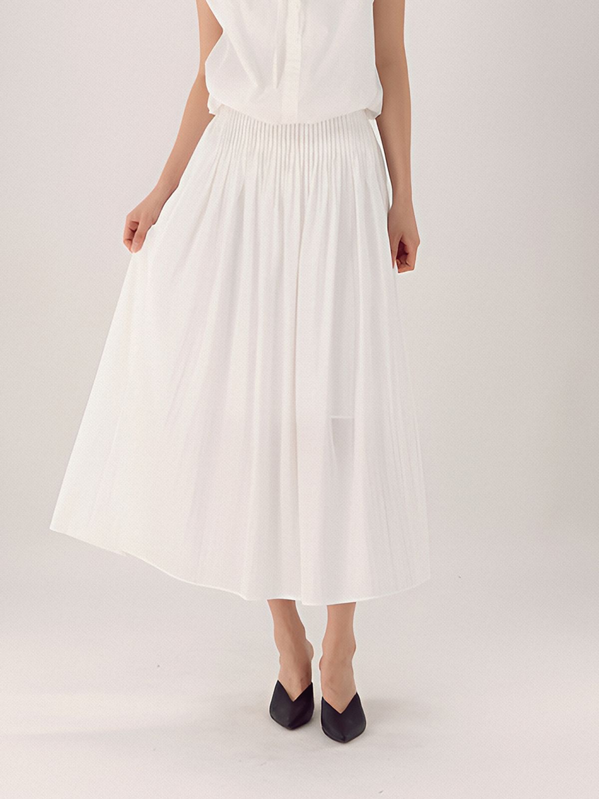 아쿠드(ACUD) Pin Tuck Flare Banding Skirt _White