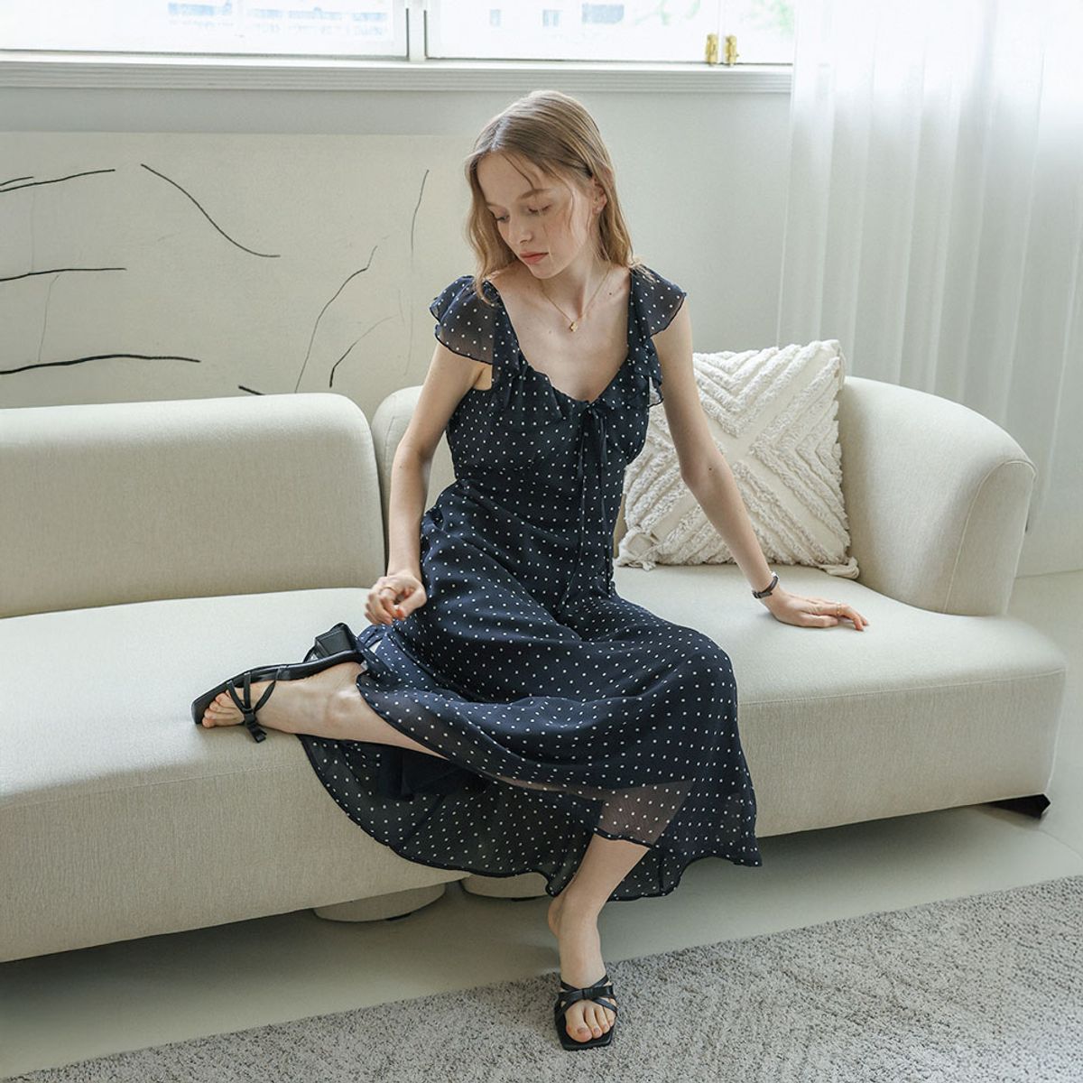 던드롭(DUNDROP) DD_Ribbon shirring dot dress_BLACK