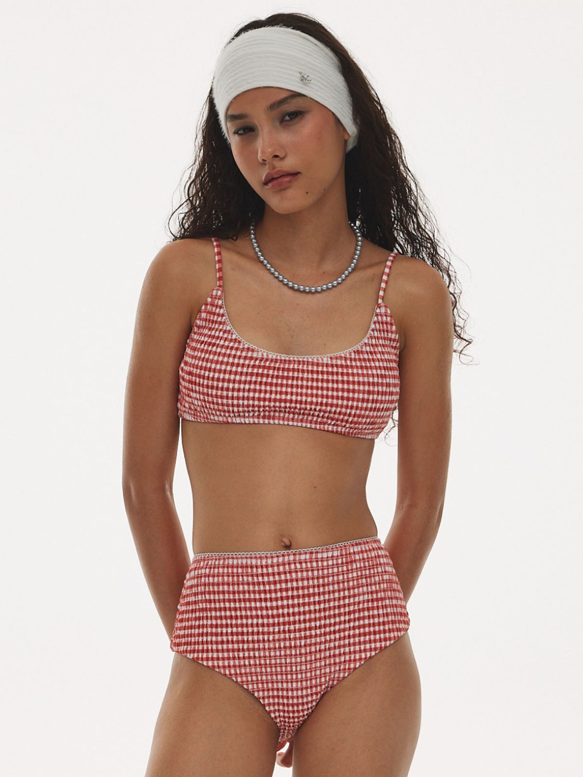 하타(HATA) Check Smocked Bikini Set_Red