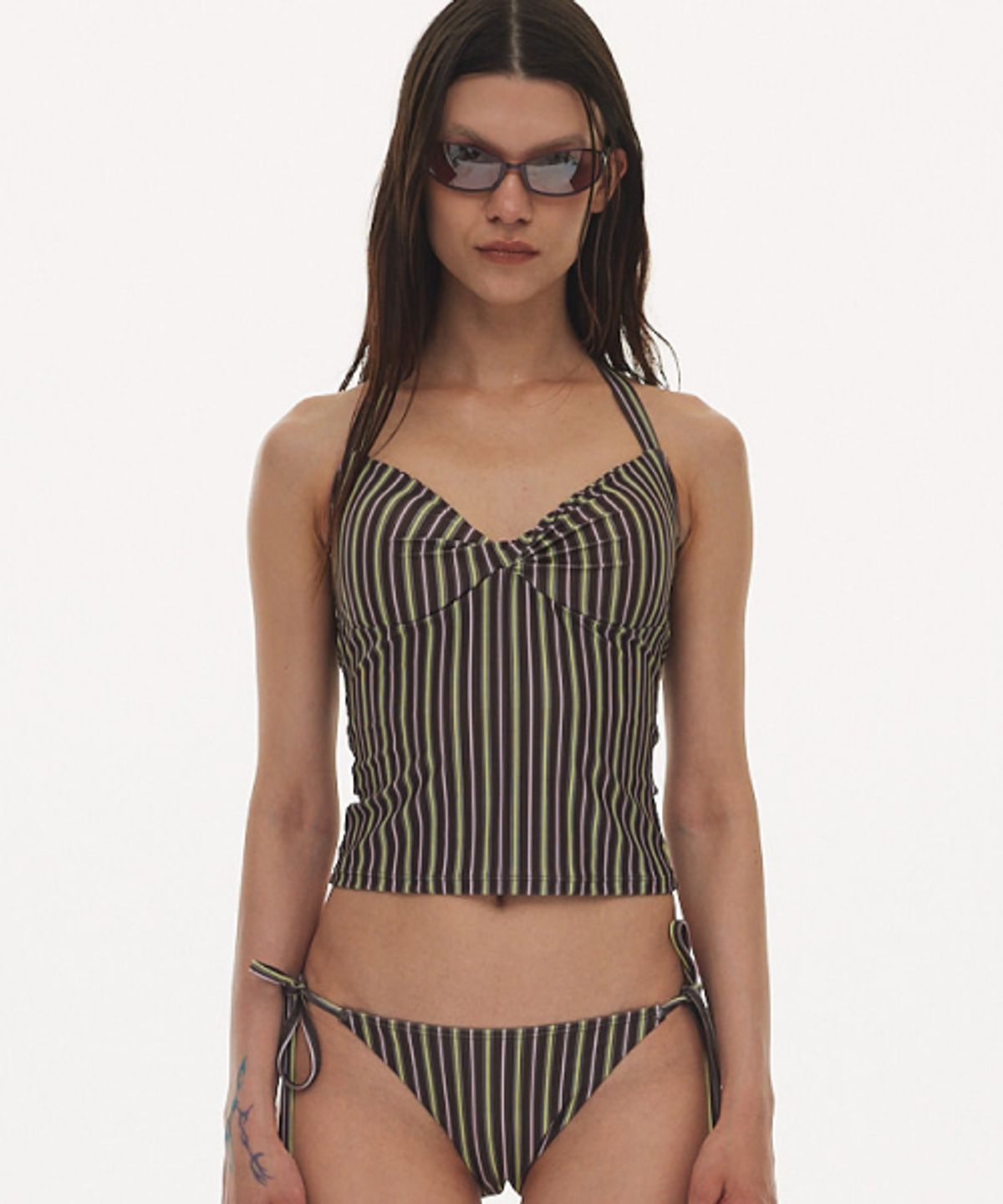 하타(HATA) Stripe Halter Neck Bikini Set_Vintage Brown