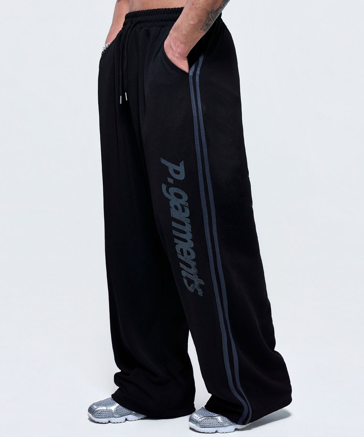 피지컬가먼츠(PHYSICAL GARMENTS) P2641 애슬레틱 메쉬 와이드 팬츠 [블랙]