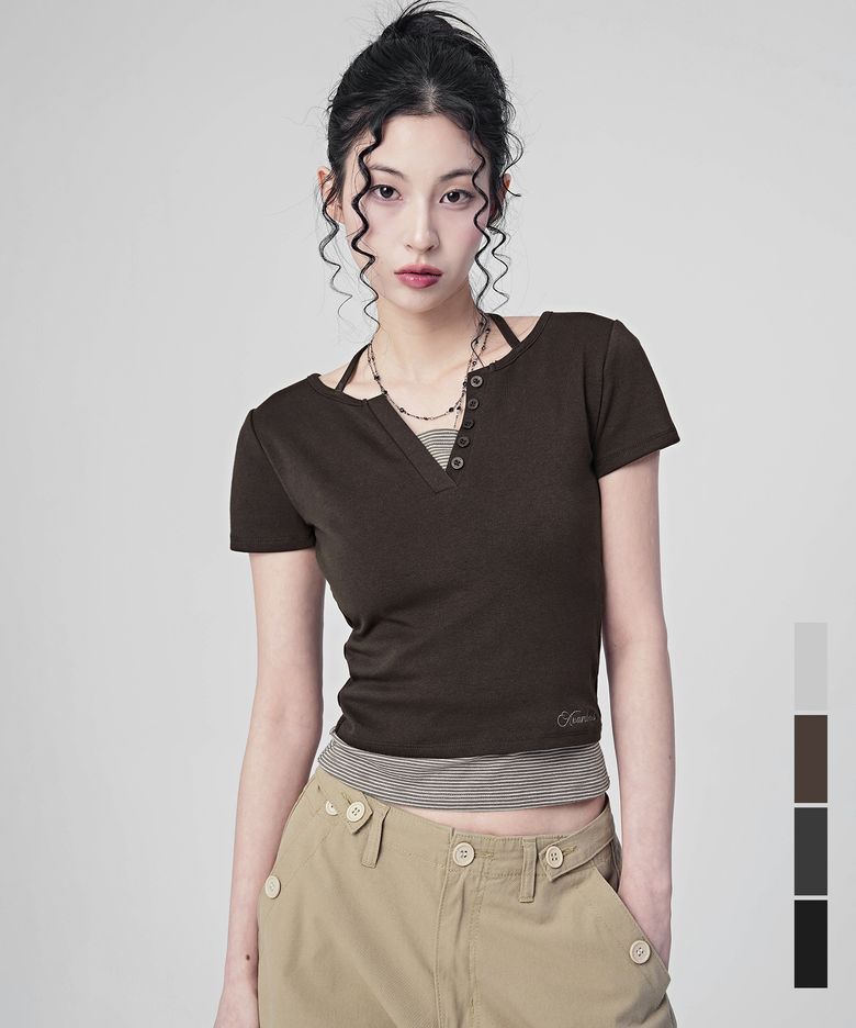 Sally V-cut Stripe Layered Short Sleeve_4Colors