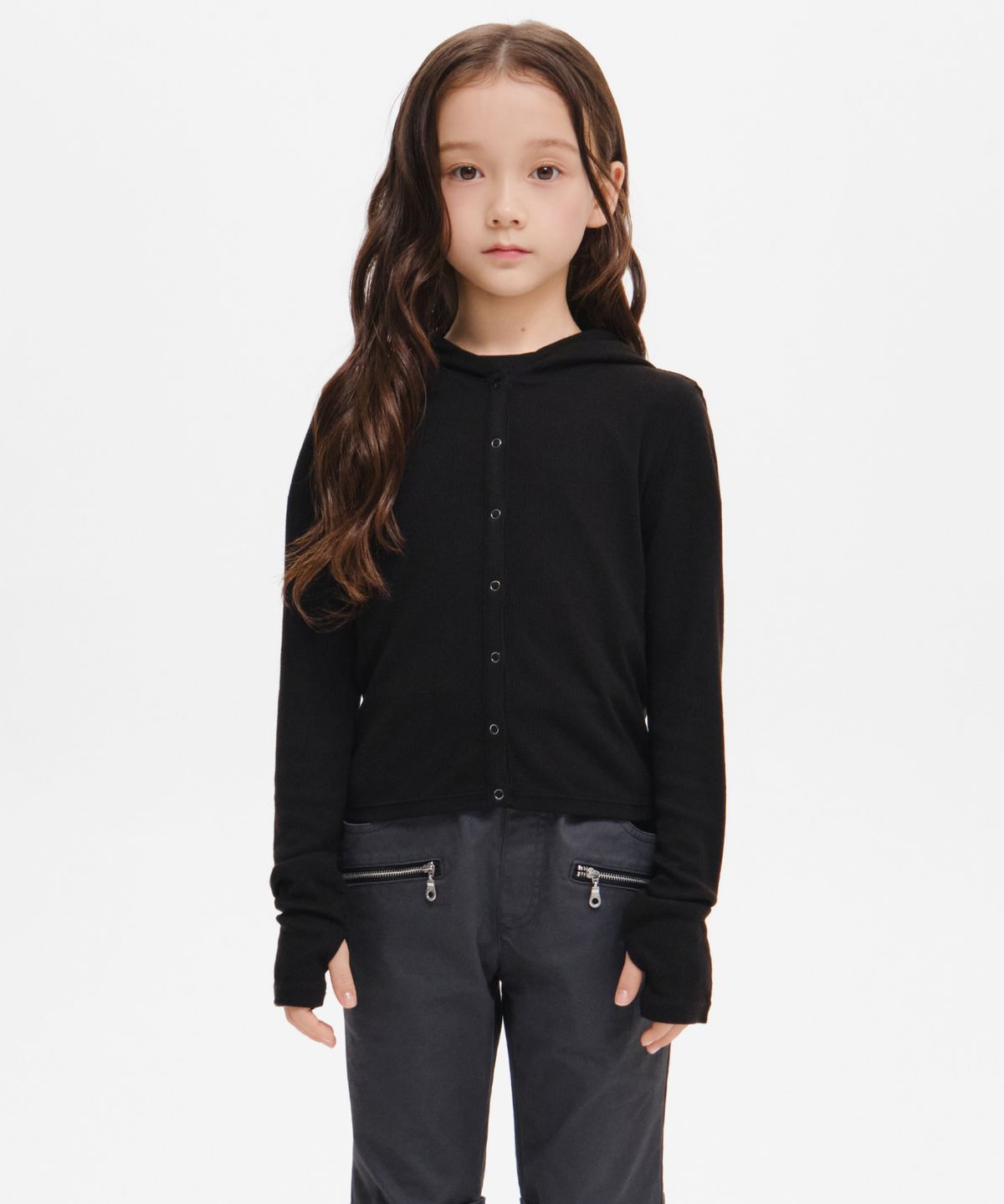무신사 스탠다드 키즈(MUSINSA STANDARD KIDS) 걸즈 리브드 슬림 후디드 저지 가디건 [블랙]