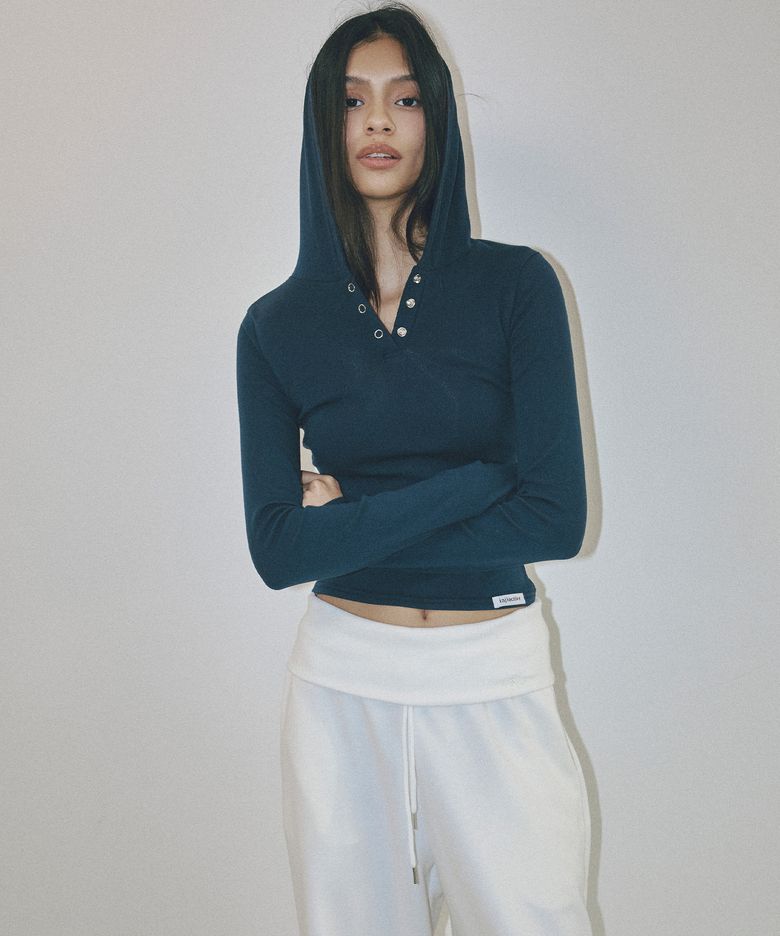 Snap Ribbed Hooded Top 네이비