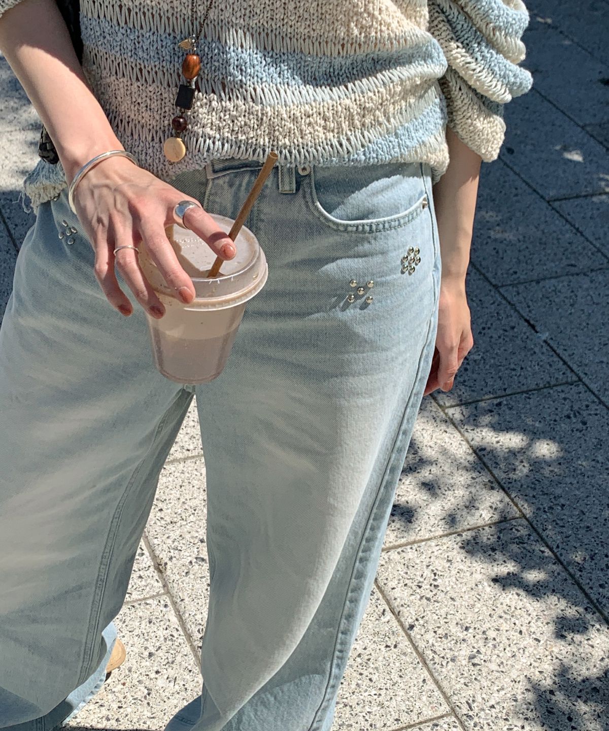 토아베(TOAVE) Stud Detail Wide Denim (Light blue)