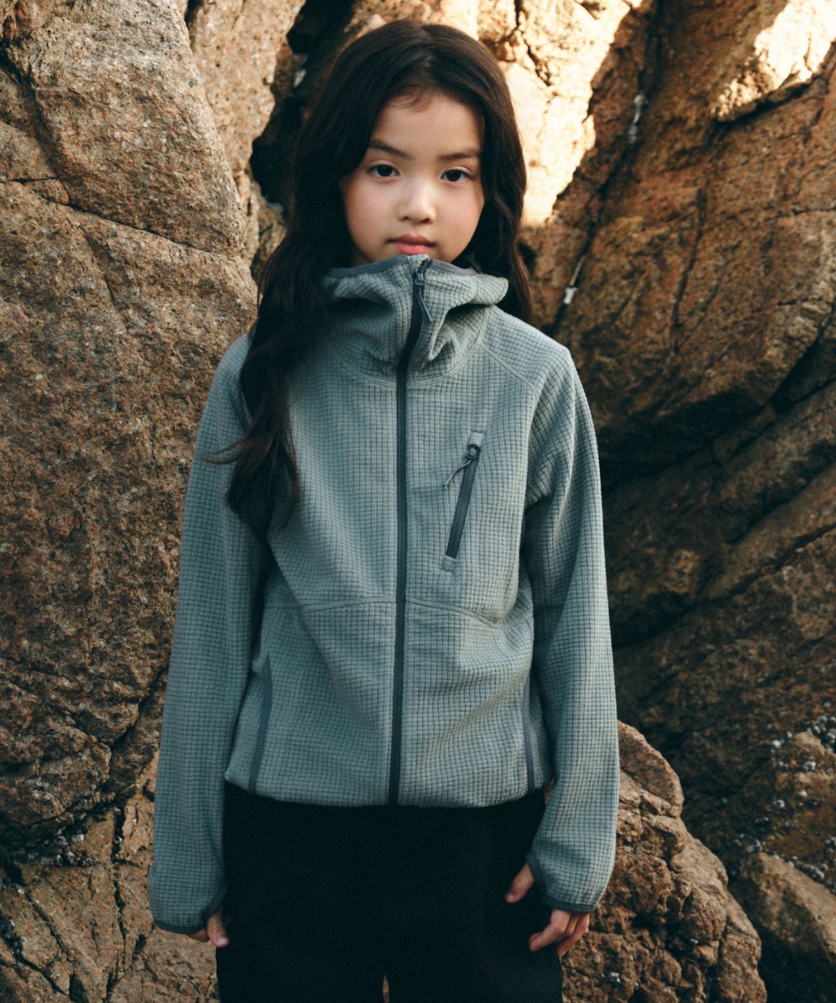무신사 스탠다드 키즈(MUSINSA STANDARD KIDS) [시티 레저] 그리드 폴라 플리스 바라클라바 후디드 집업 [애쉬 틸]
