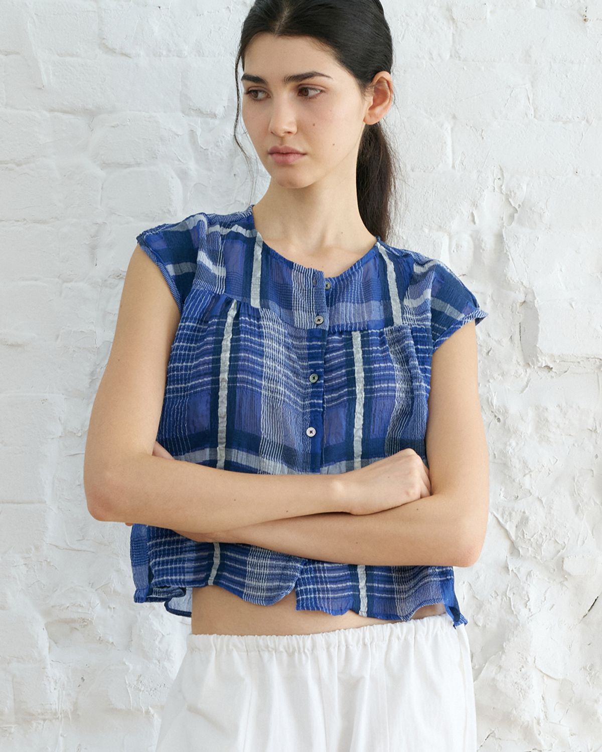 블루브릭(BLUEBRICK) Check flare blouse (blue)
