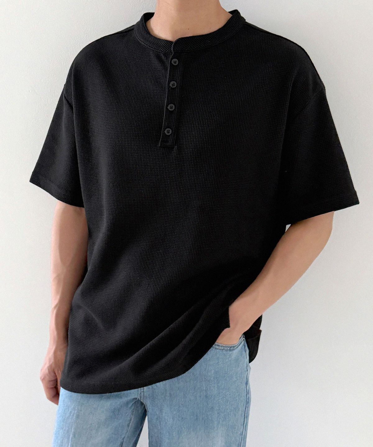 오리지널데이(ORIGINALDAY) 와플 헨리넥 데일리 반팔 티셔츠 오버핏 Black