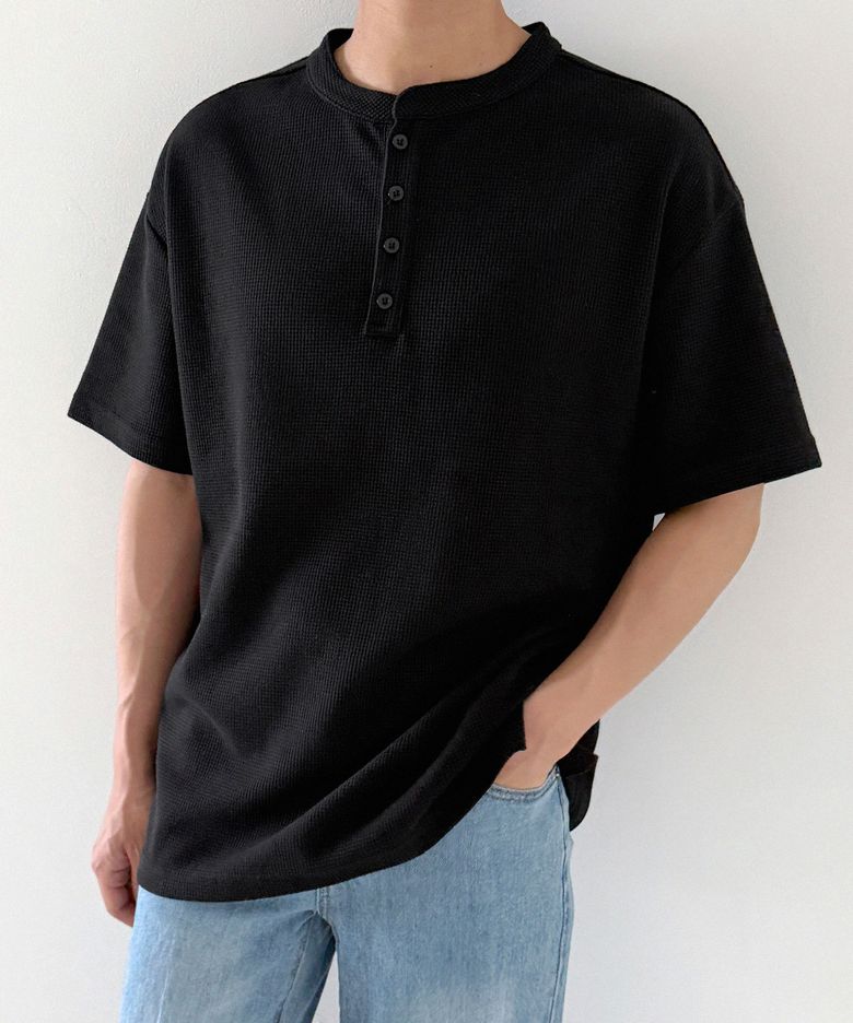 와플 헨리넥 데일리 반팔 티셔츠 오버핏 Black