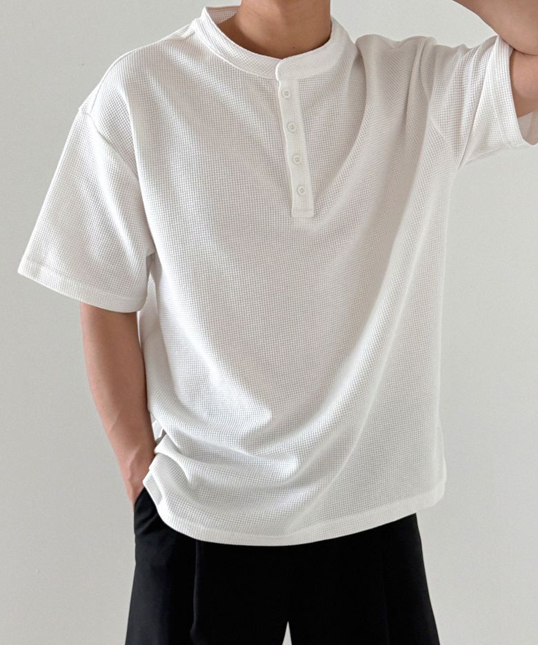 와플 헨리넥 데일리 반팔 티셔츠 오버핏 White