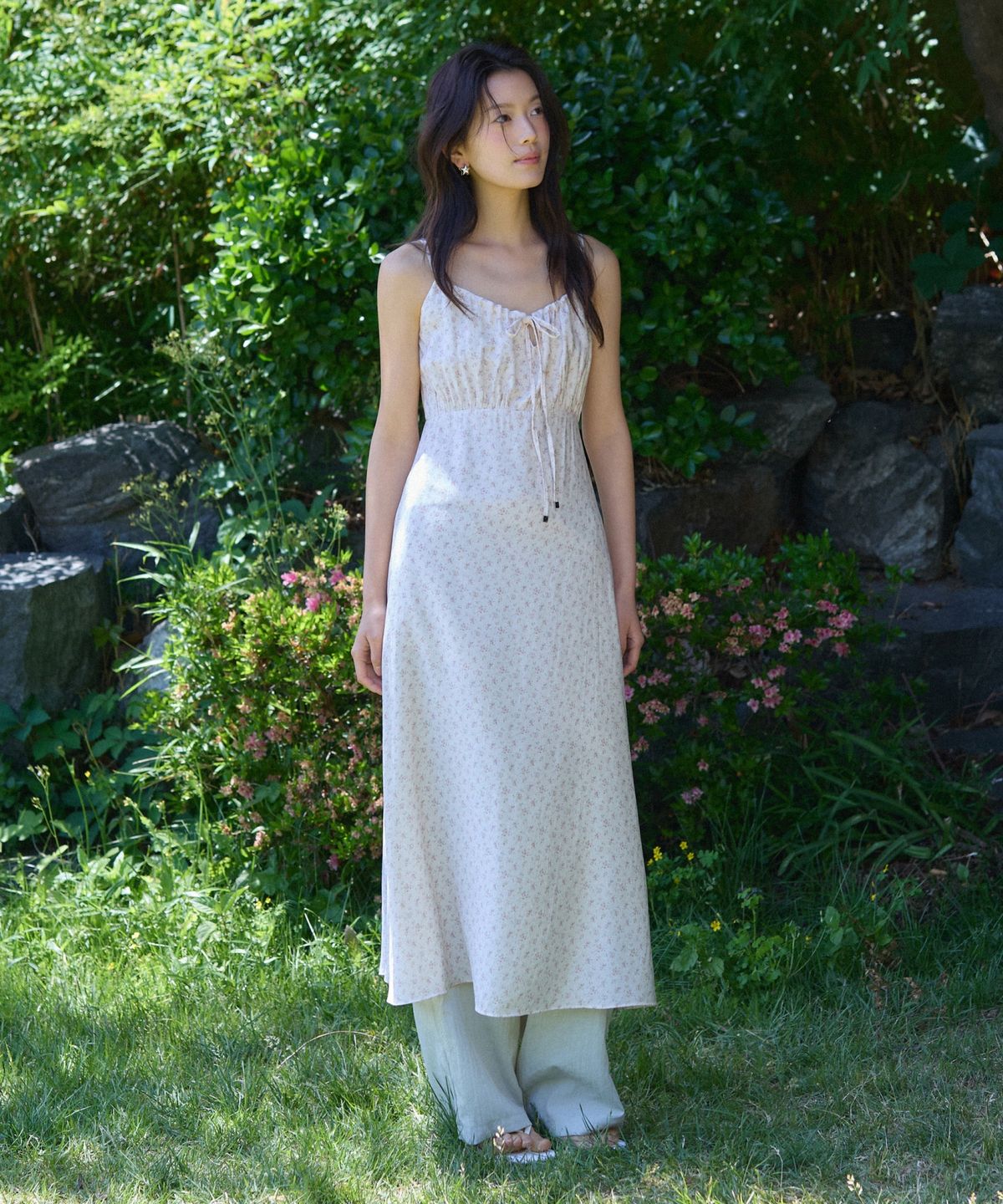 어다울(ADAUL) Vintage pattern shirring ribbon dress - vintage pink