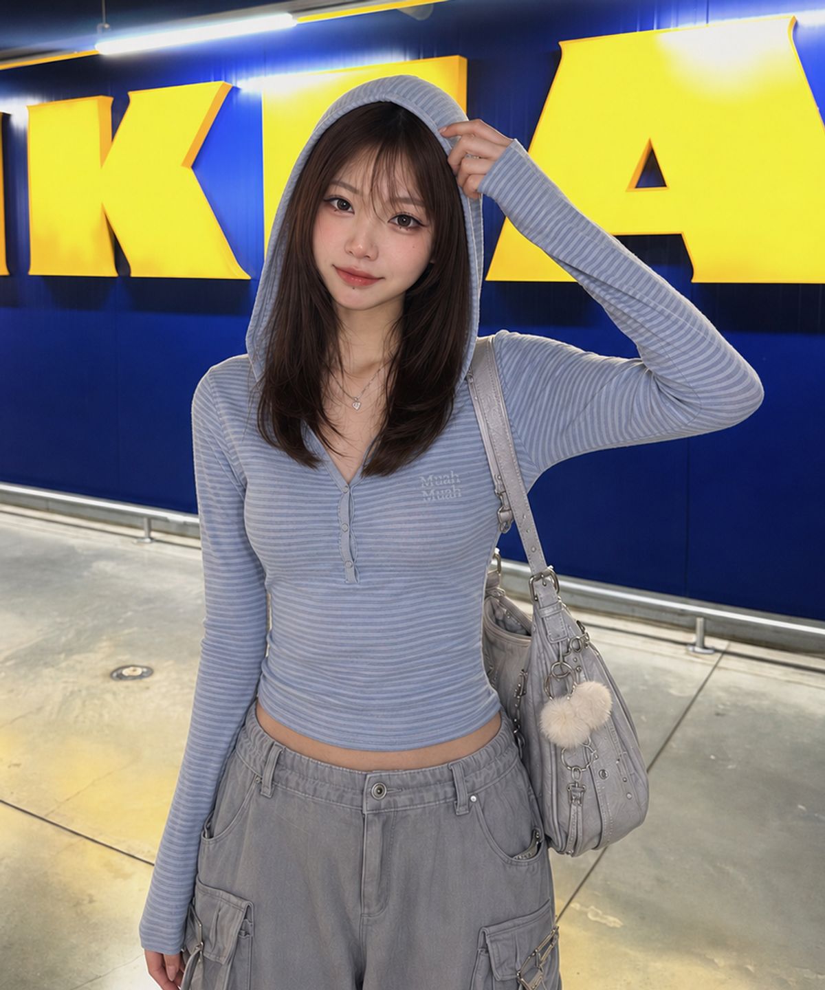 무아무아(MUAHMUAH) 브러쉬 스트라이프 후드 긴팔티 [블루]