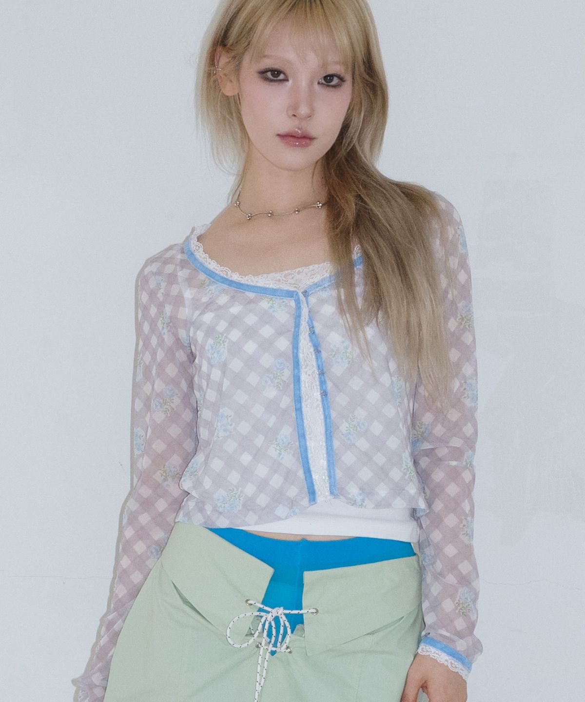 페이키(FAKIII) Rose Check Sheer Cardigan_BLUE