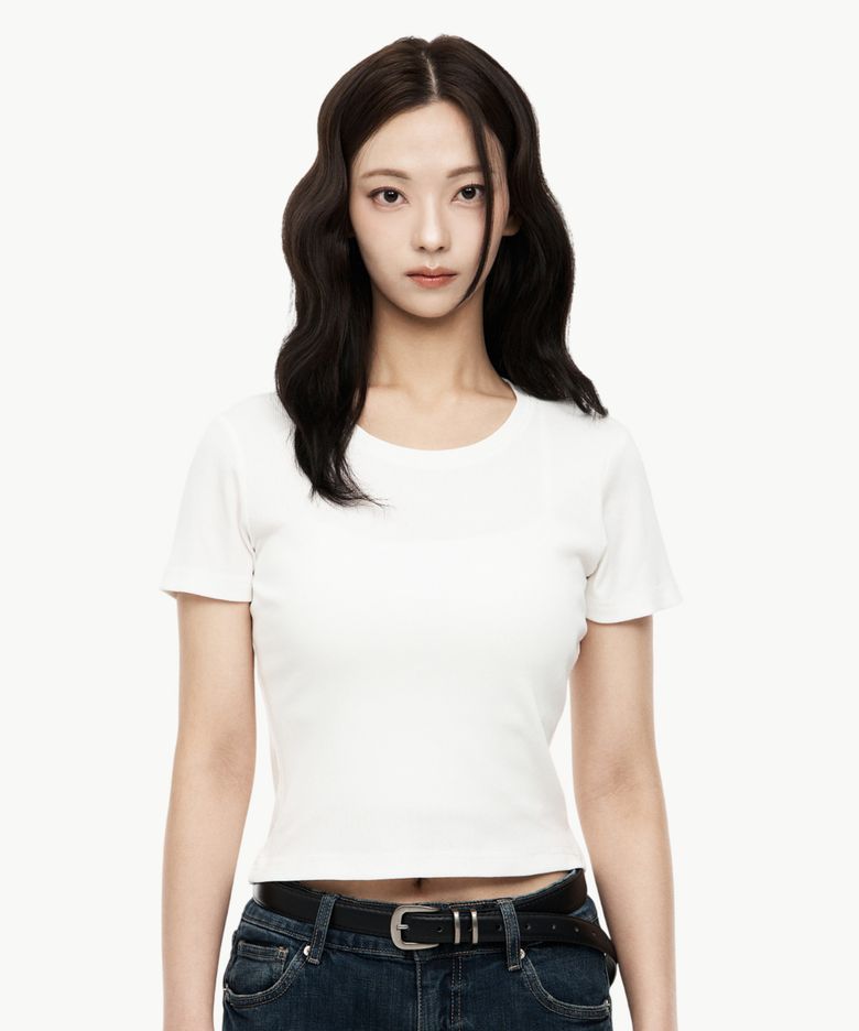 우먼스 골지 슬림핏 숏슬리브