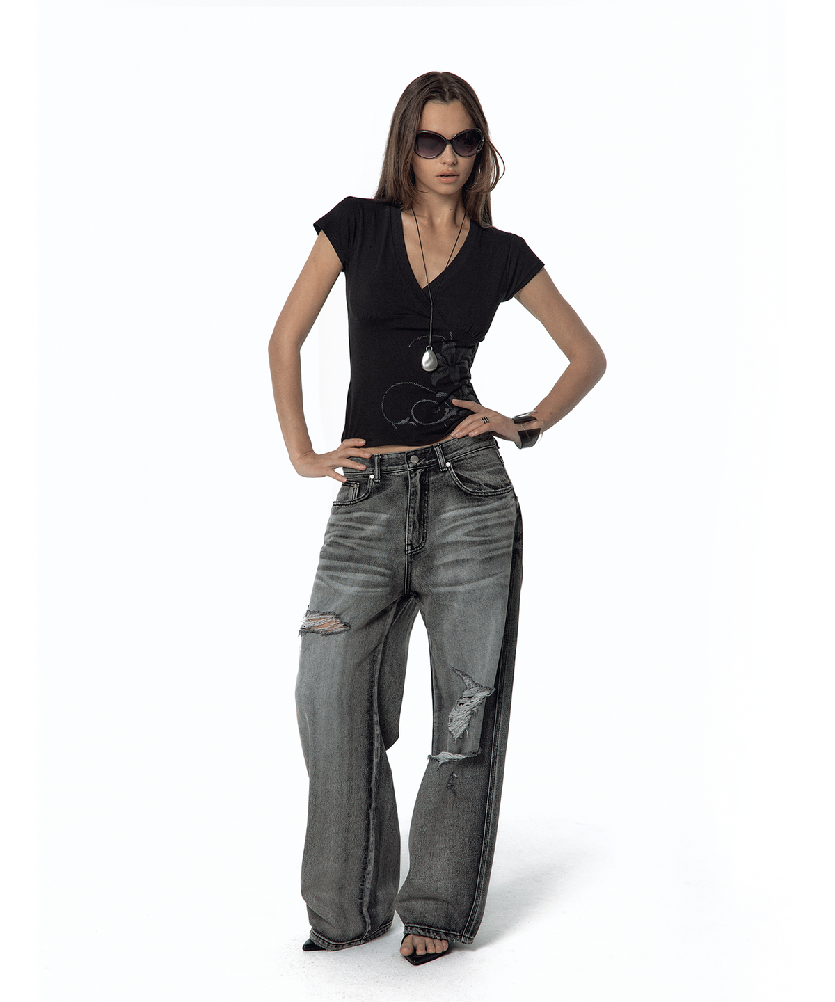 카시코(KASHIKO) Milk Ripped Wide Jeans Light Gray