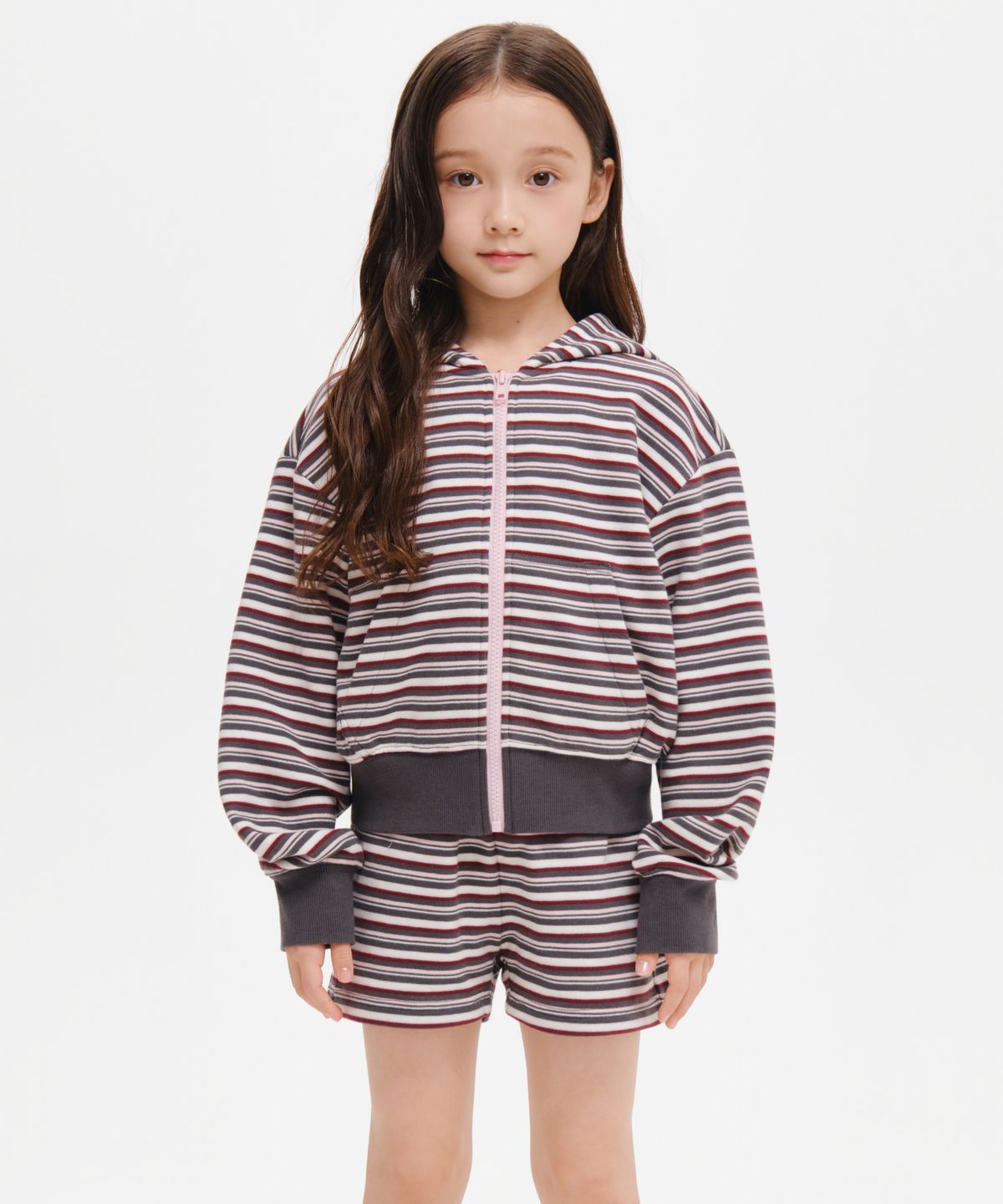 무신사 스탠다드 키즈(MUSINSA STANDARD KIDS) 걸즈 멀티 스트라이프 후디드 스웨트 집업 [핑크]