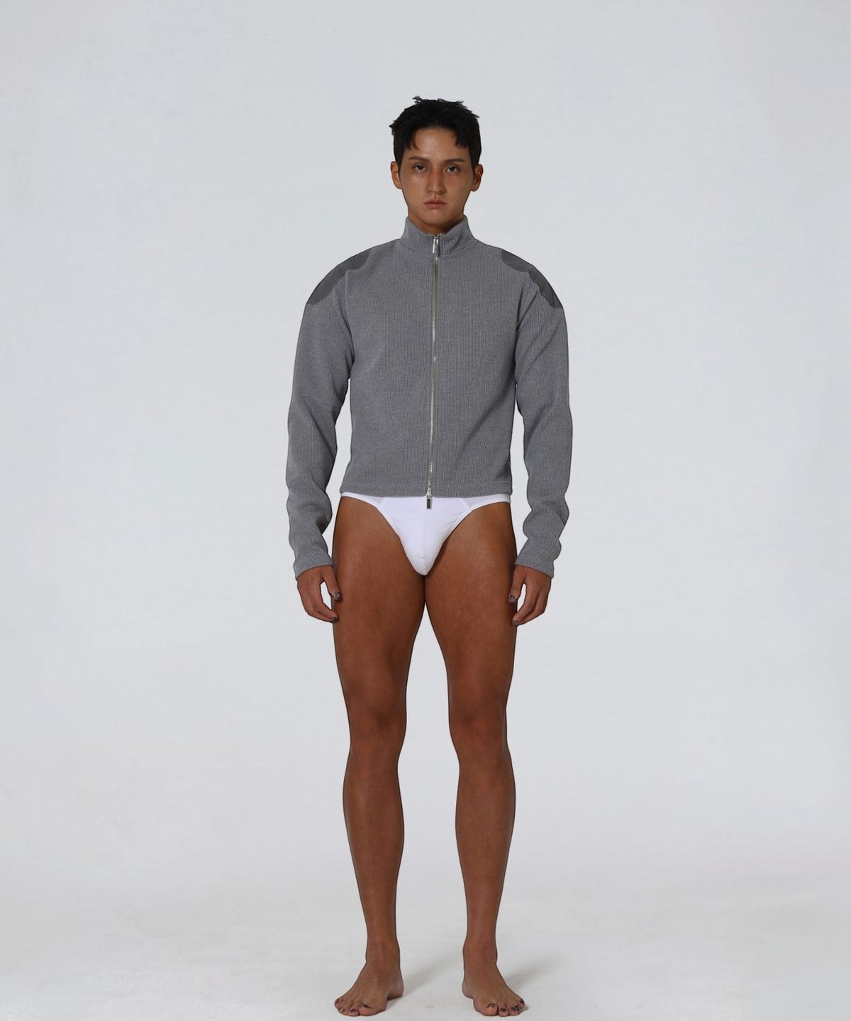 엑세스(XX) Shoulder Patch Zip-up Crop Knit Gray