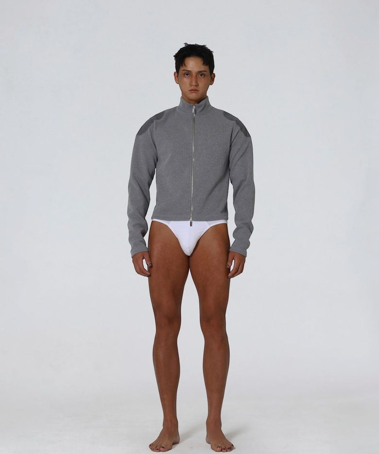 Shoulder Patch Zip-up Crop Knit Gray