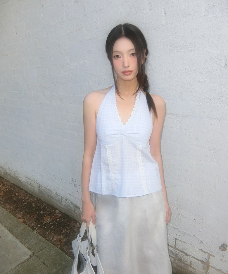 Brooklyn Check Halter Top - Sky Blue