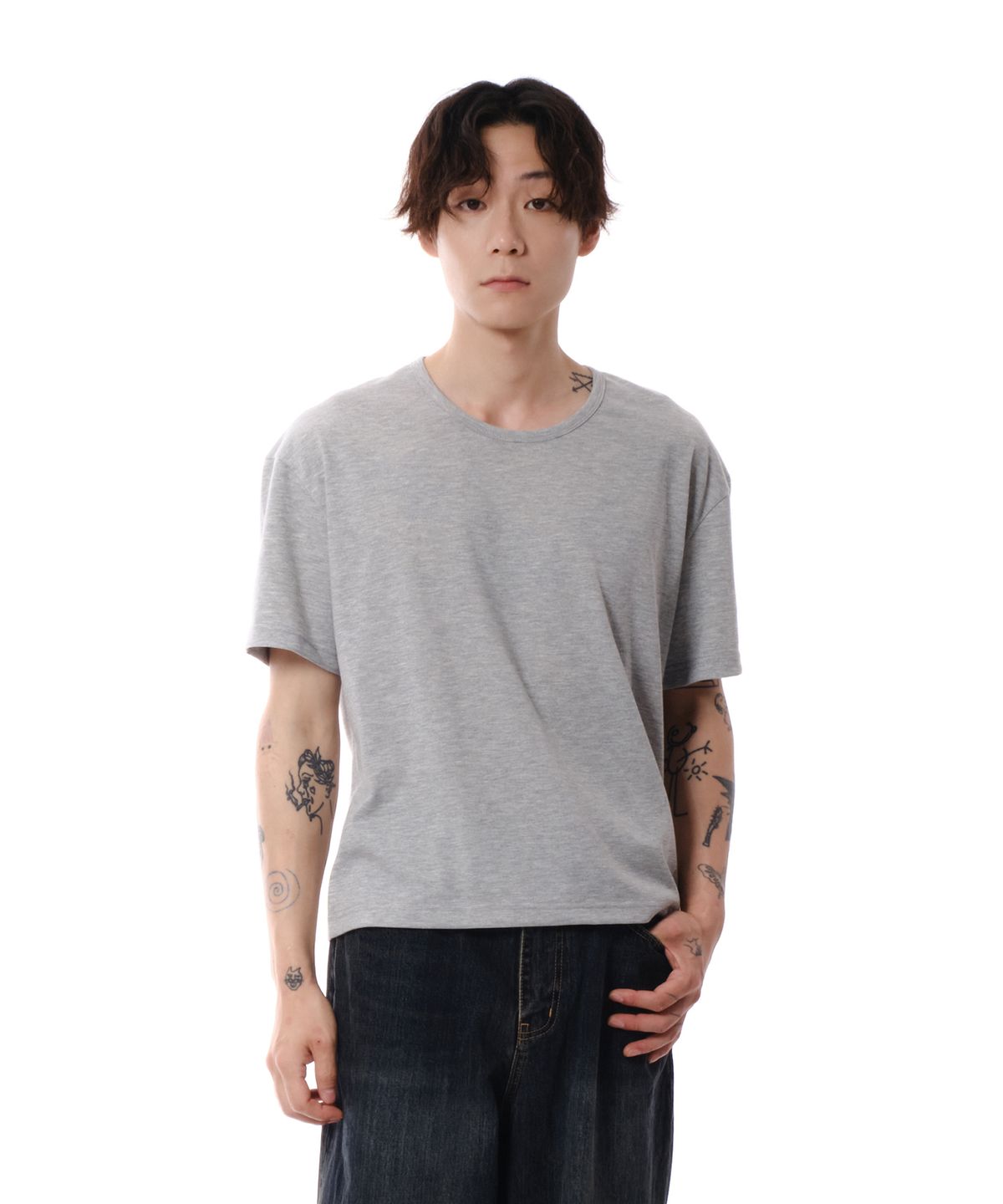 다이브인(DIVEIN) UNIFORM SEMI CROP U NECK T-SHIRTS (MELANGE GRAY)