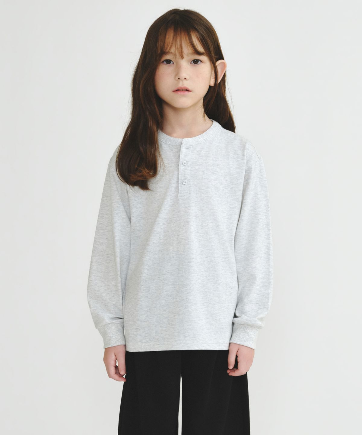 무신사 스탠다드 키즈(MUSINSA STANDARD KIDS) 립 커프스 헨리 넥 긴소매 티셔츠 [멜란지 라이트 그레이]