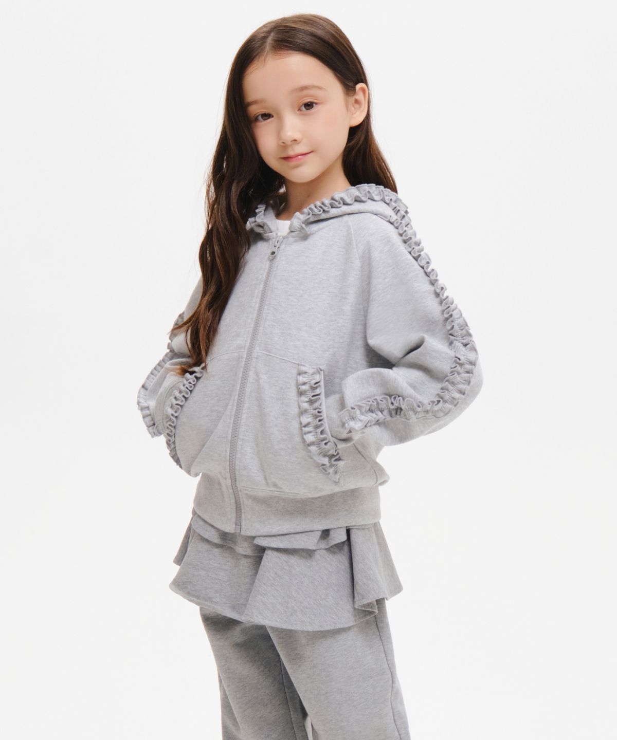 무신사 스탠다드 키즈(MUSINSA STANDARD KIDS) 걸즈 프릴 후디드 스웨트 집업 [미디엄 그레이]