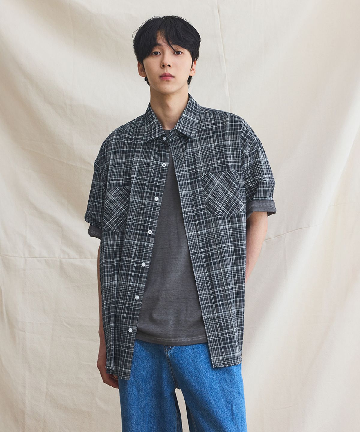 러기드하우스(RUGGED HOUSE) 해머 체크 시어서커 반팔 셔츠 네이비