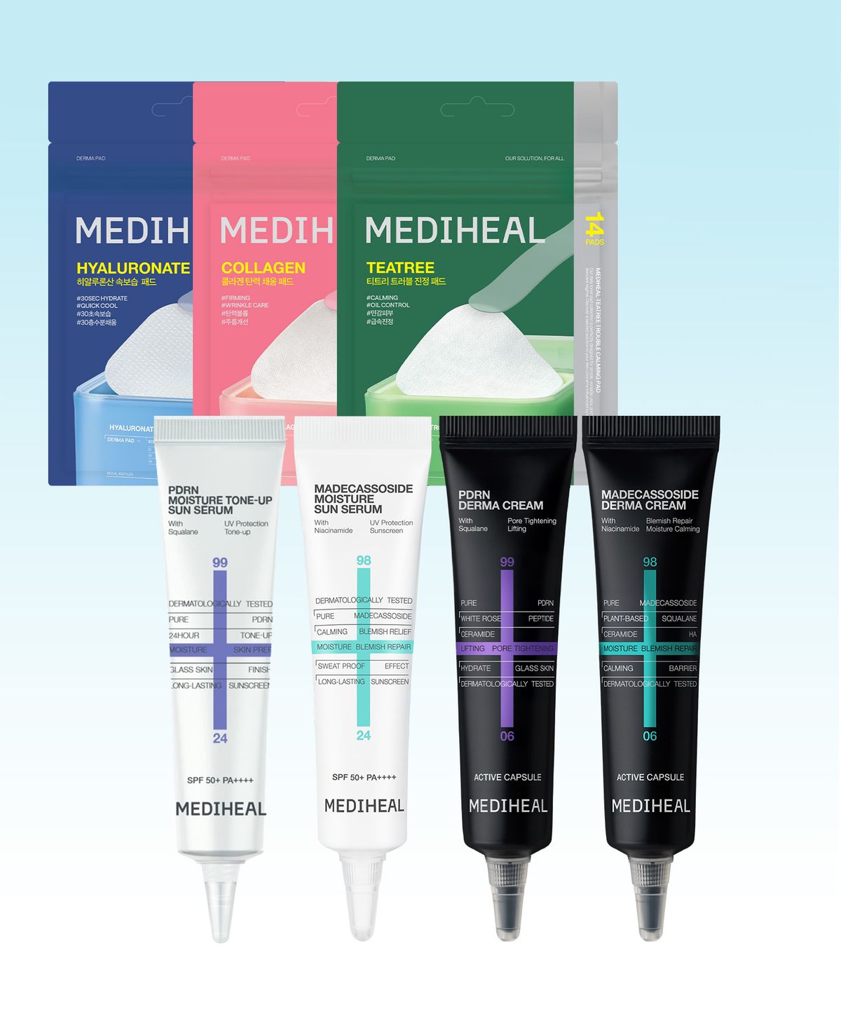 메디힐(MEDIHEAL) 스킨케어 여행용 미니어처 토너패드/수분크림/선크림
