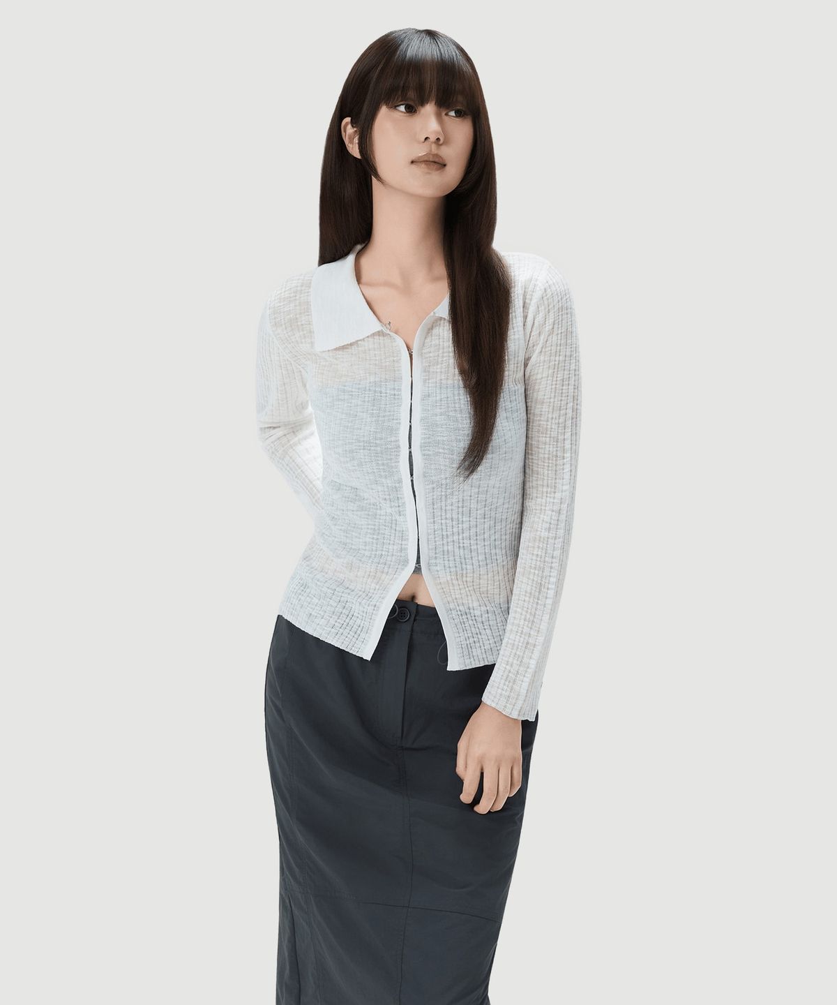 미쏘(MIXXO) 오픈카라 시스루 긴팔 가디건_MIWCKG612T