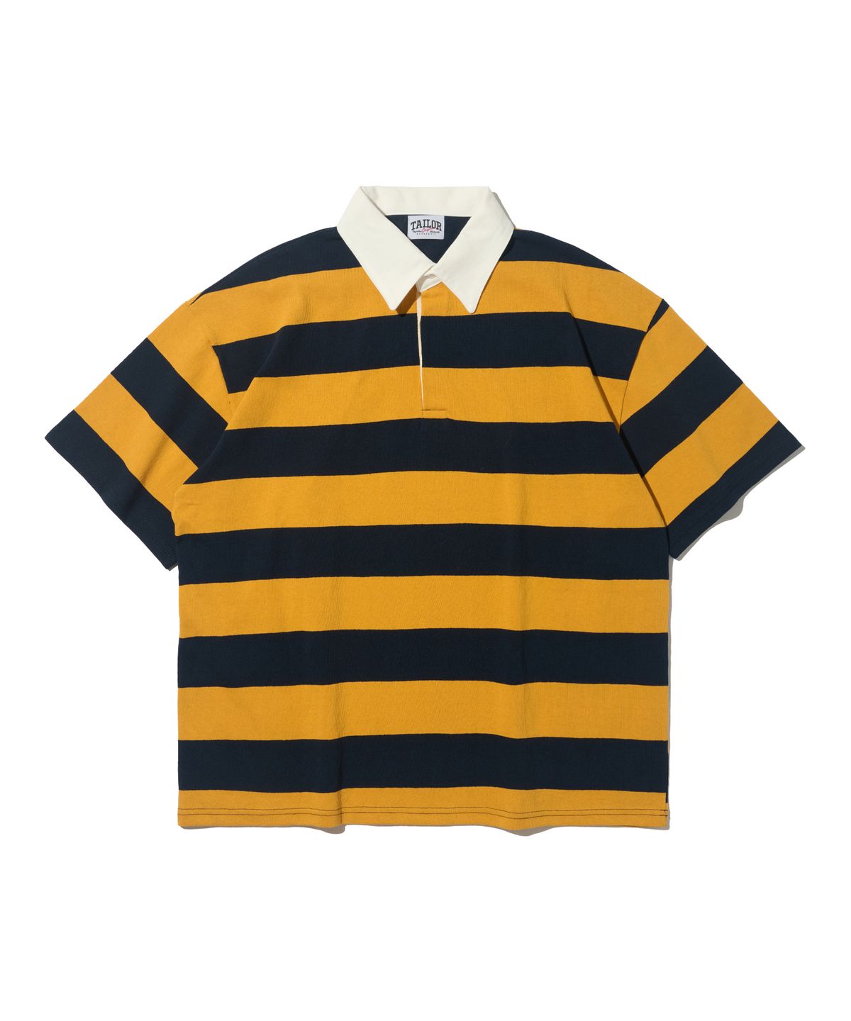 테일러 스튜디오(TAILOR STUDIO) 옥스퍼드 스트라이프 폴로 스웨트 반팔티 (머스타드/네이비)
