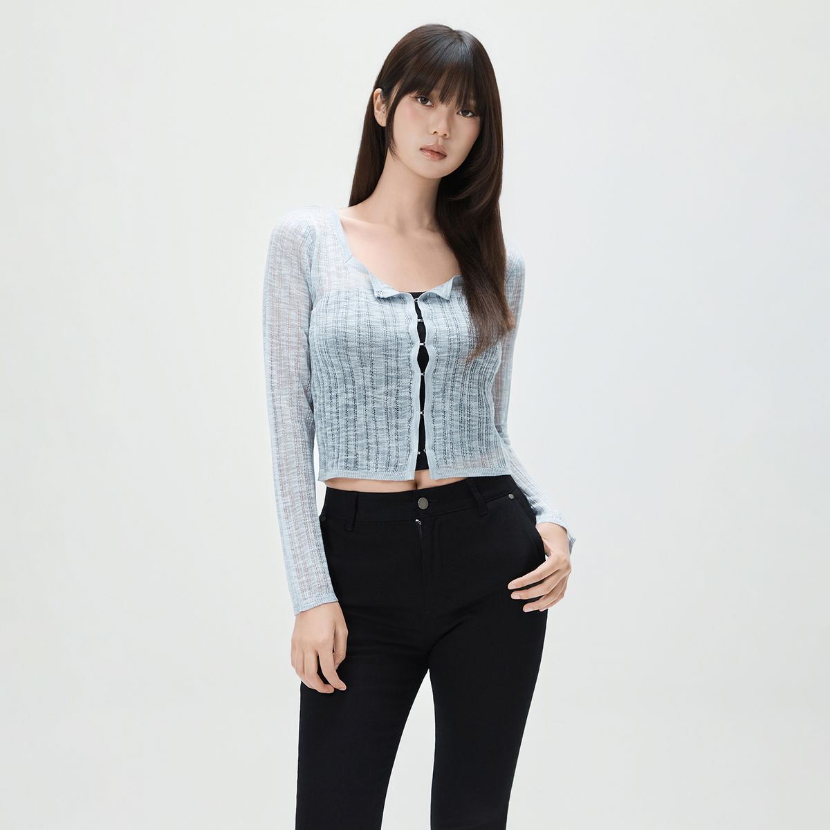 미쏘(MIXXO) 크로셰 스퀘어넥 시스루 가디건_MIWCKG625T
