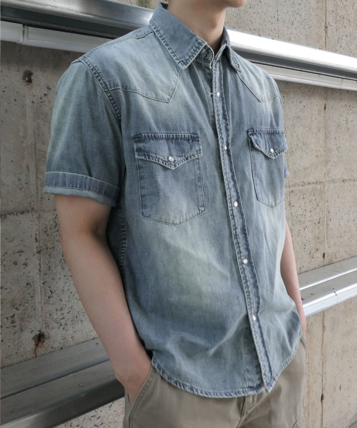 브랜디드(BRANDED) WESTERN DENIM HALF SHIRT [LIGHT BLUE]