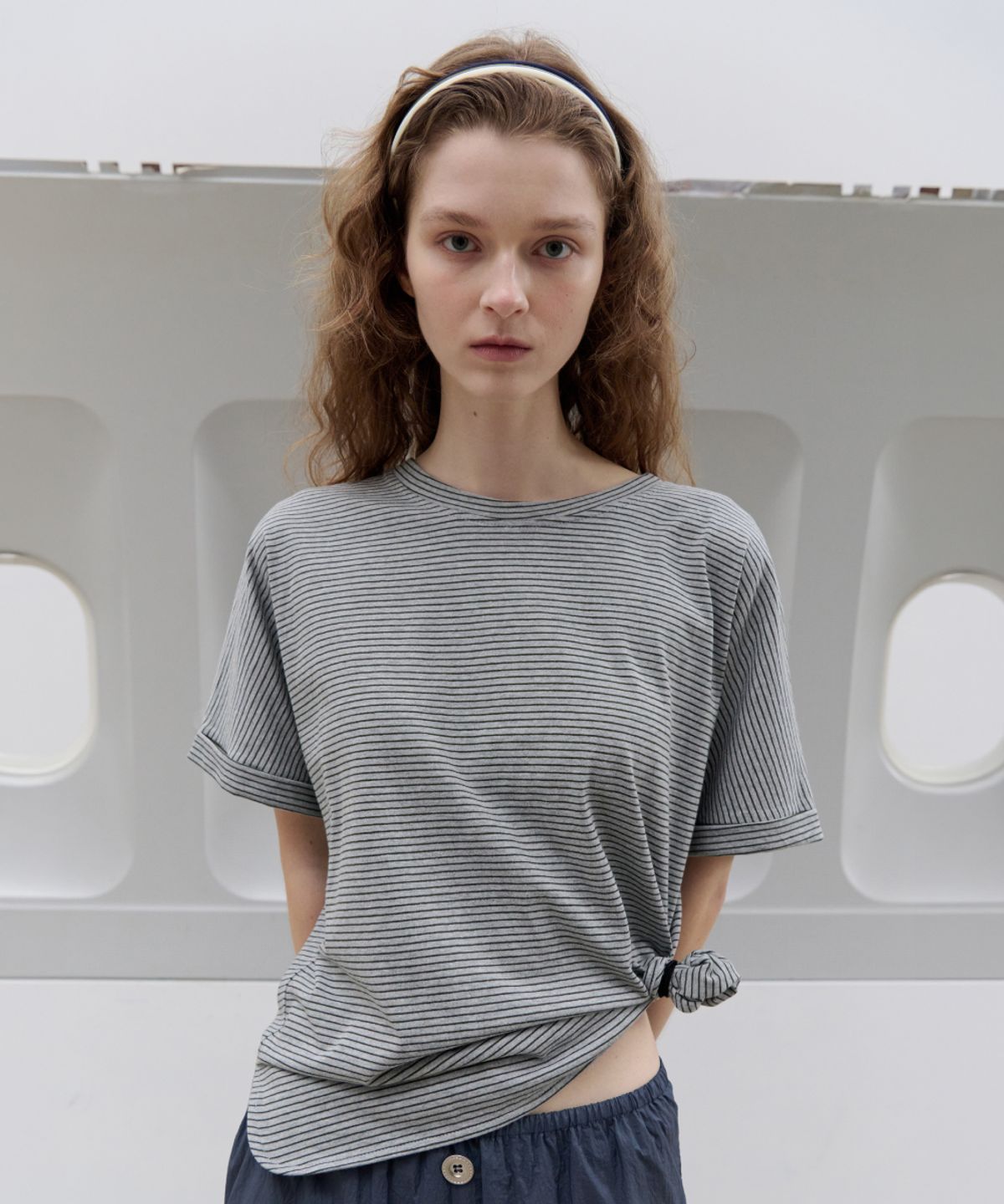 토아베(TOAVE) Roll-Up Stripe T-Shirt (Melange gray)
