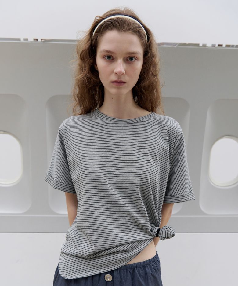 Roll-Up Stripe T-Shirt (Melange gray)