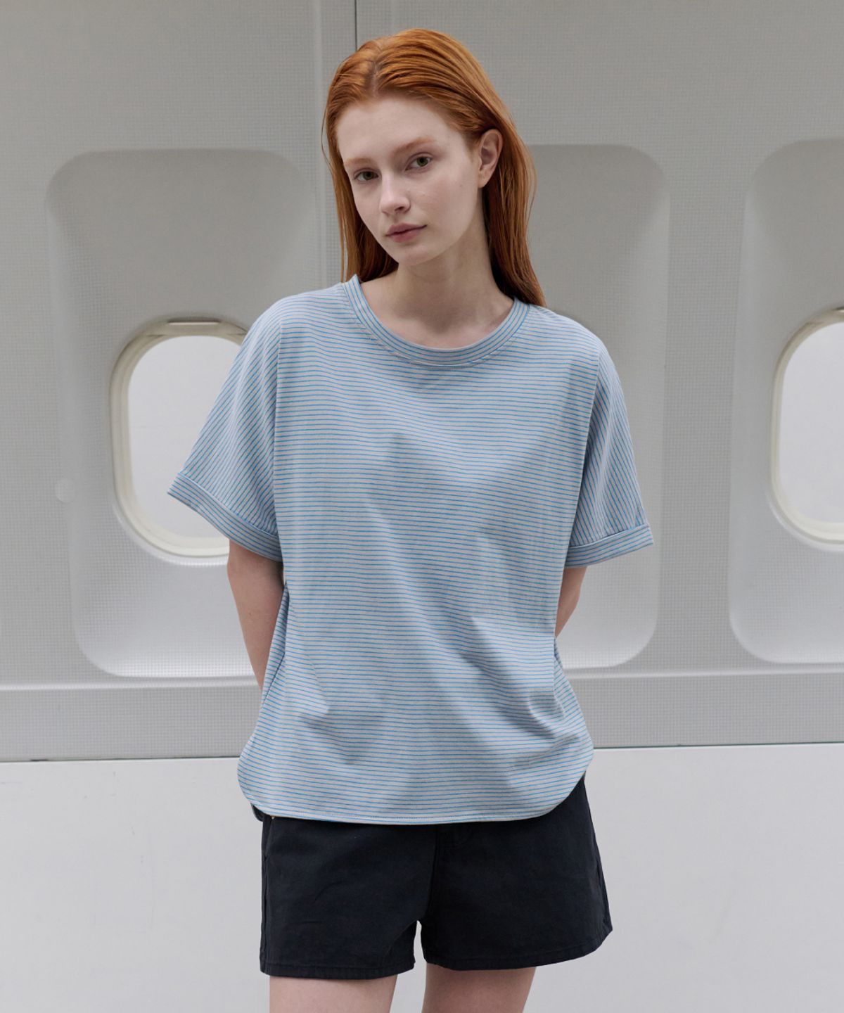 토아베(TOAVE) Roll-Up Stripe T-Shirt (Blue)