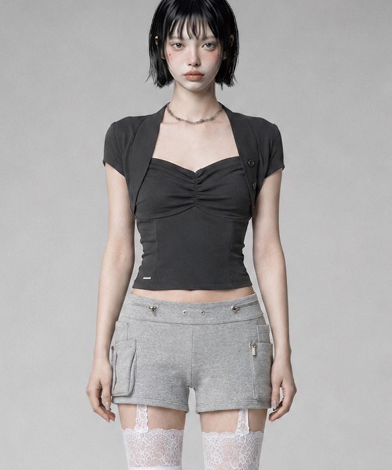 Shirring Eyelet Bolero top (Dark Gray)