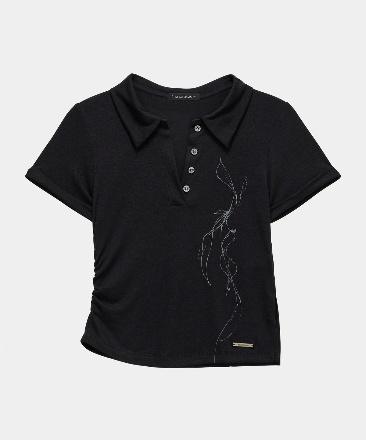에트오소메(ETRE AU SOMMET) Rib Collar Roll up Shirring Top (Black)