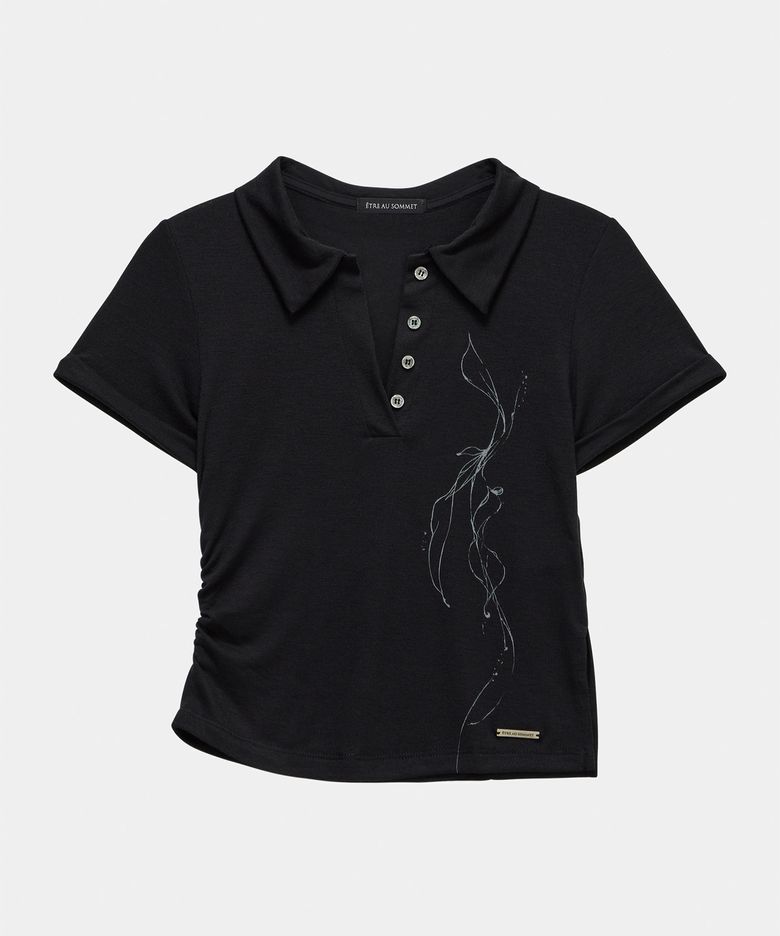 Rib Collar Roll up Shirring Top (Black)