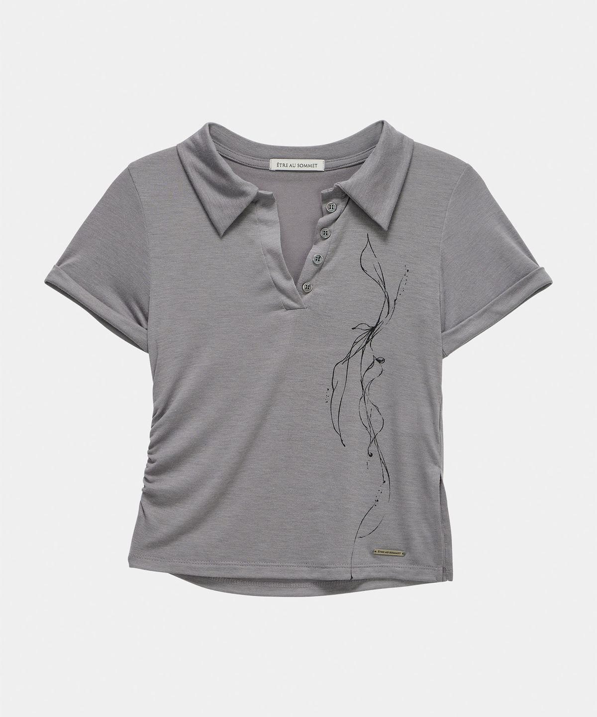 에트오소메(ETRE AU SOMMET) Rib Collar Roll up Shirring Top (Gray)