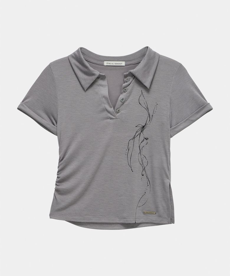 Rib Collar Roll up Shirring Top (Gray)