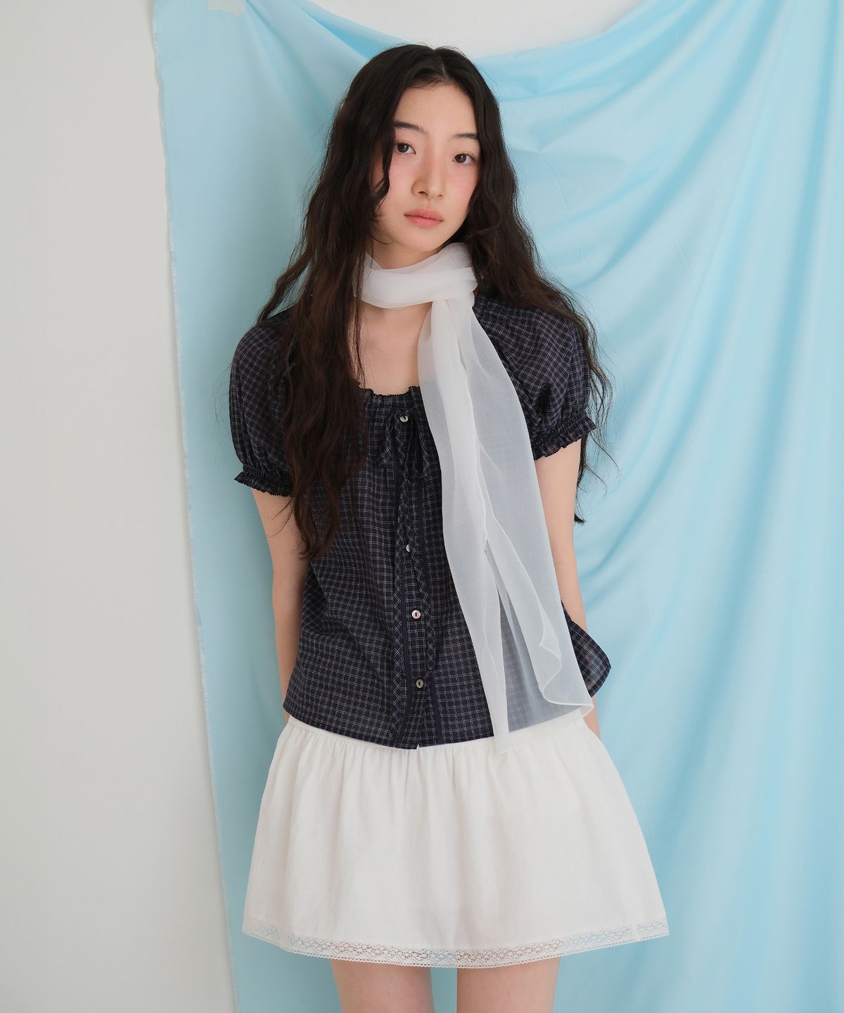 모의(MOUI) Claire capsleeve blouse (CHECK)
