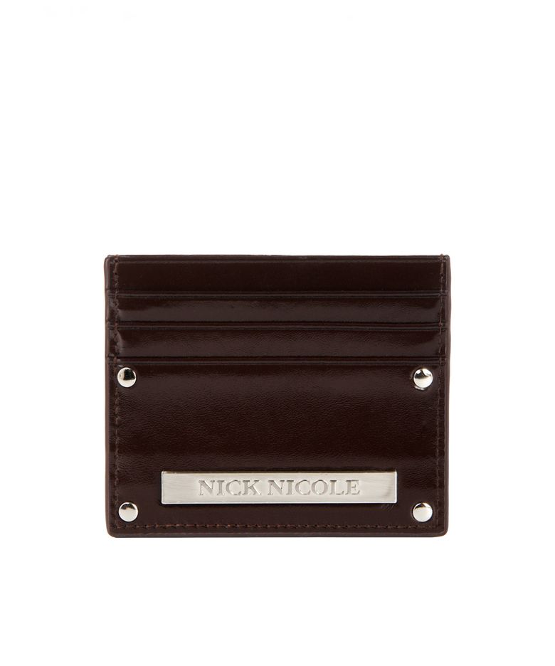 METAL RIVET LEATHER CARD WALLET_BROWN