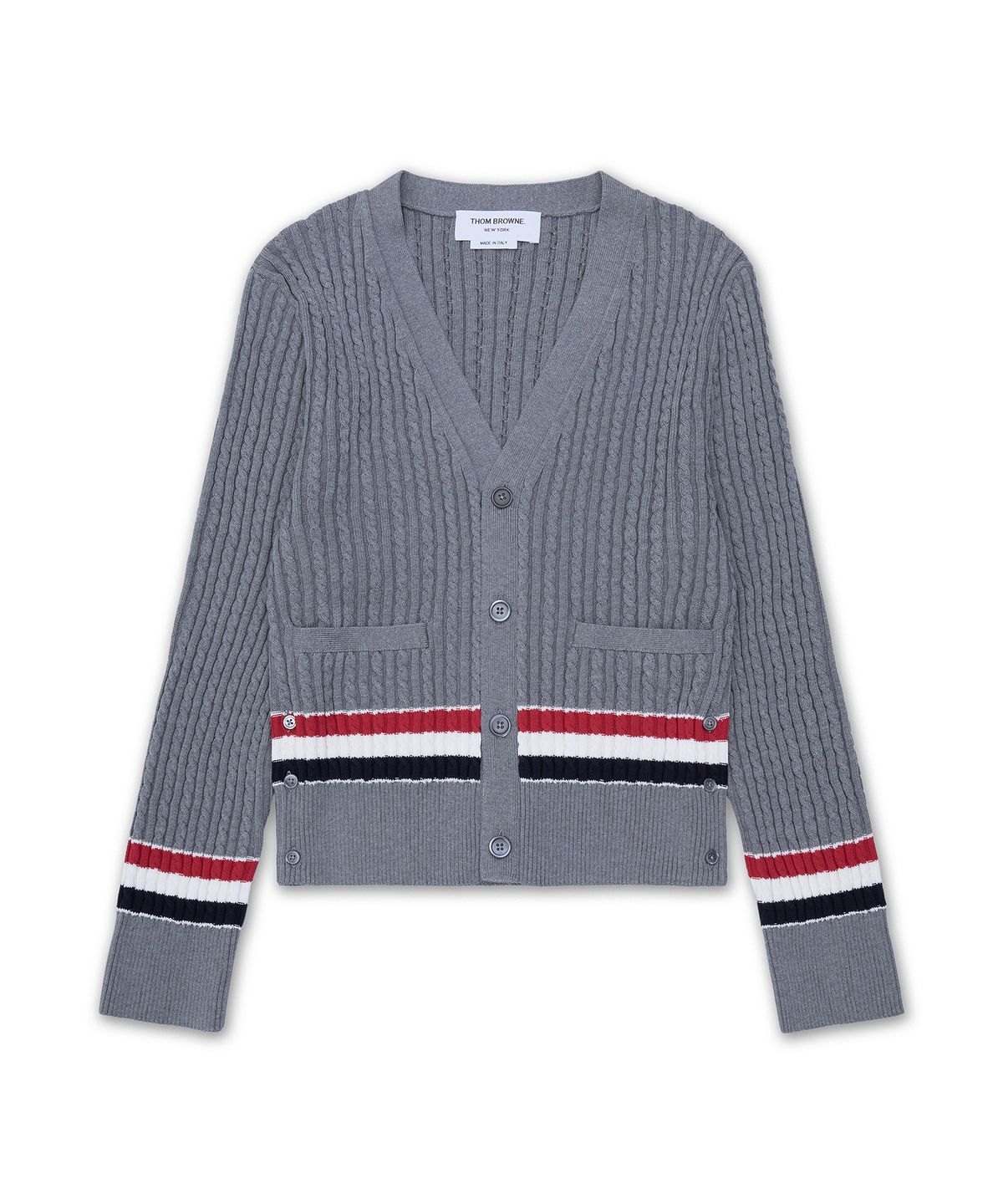 톰 브라운(THOM BROWNE) RWB 스트라이프 코튼 베이비 케이블 브이넥 크리켓 가디건 - 라이트 그레이 / MKC640AY3014055