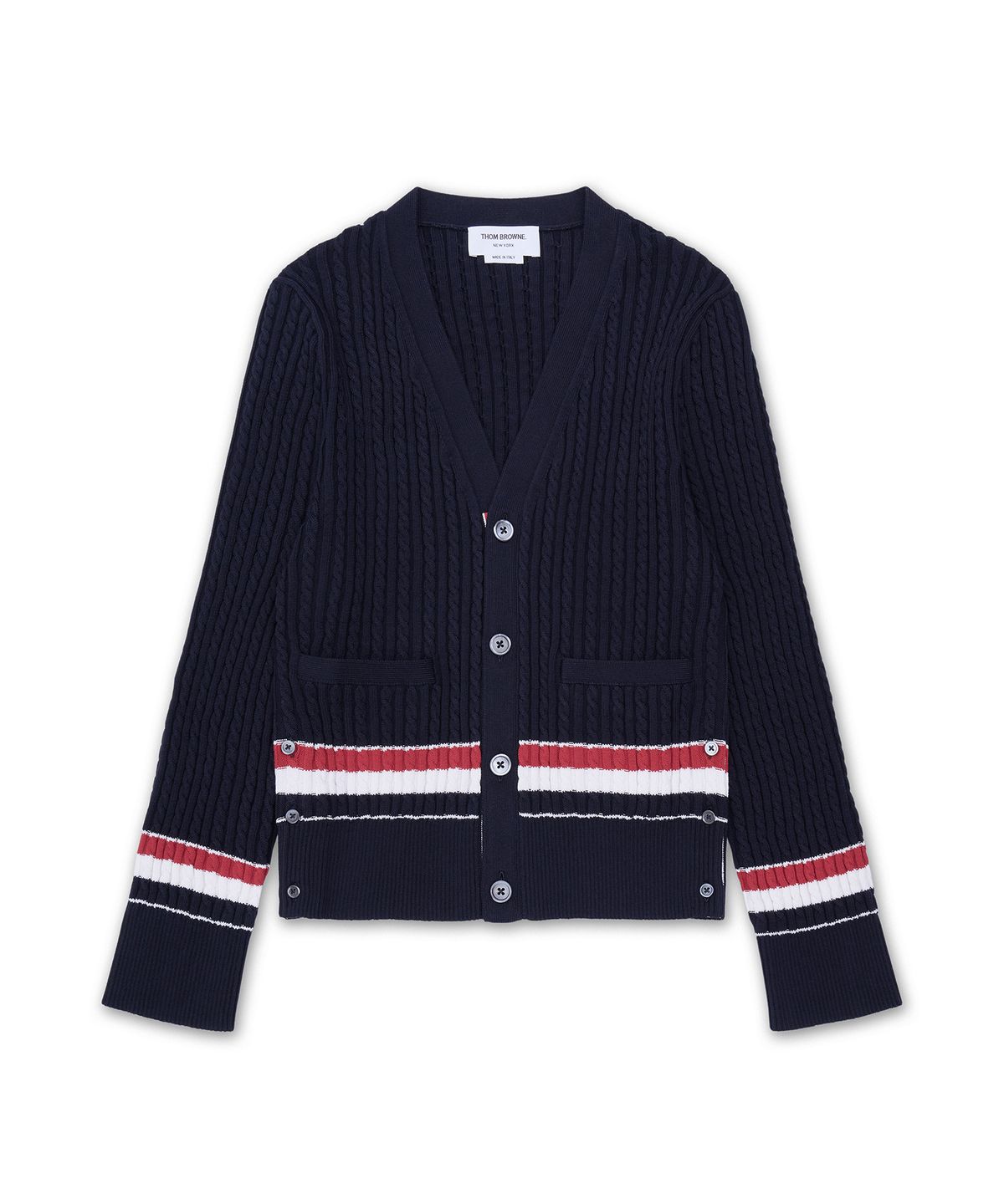 톰 브라운(THOM BROWNE) RWB 스트라이프 코튼 베이비 케이블 브이넥 크리켓 가디건 - 네이비 / MKC640AY3014415
