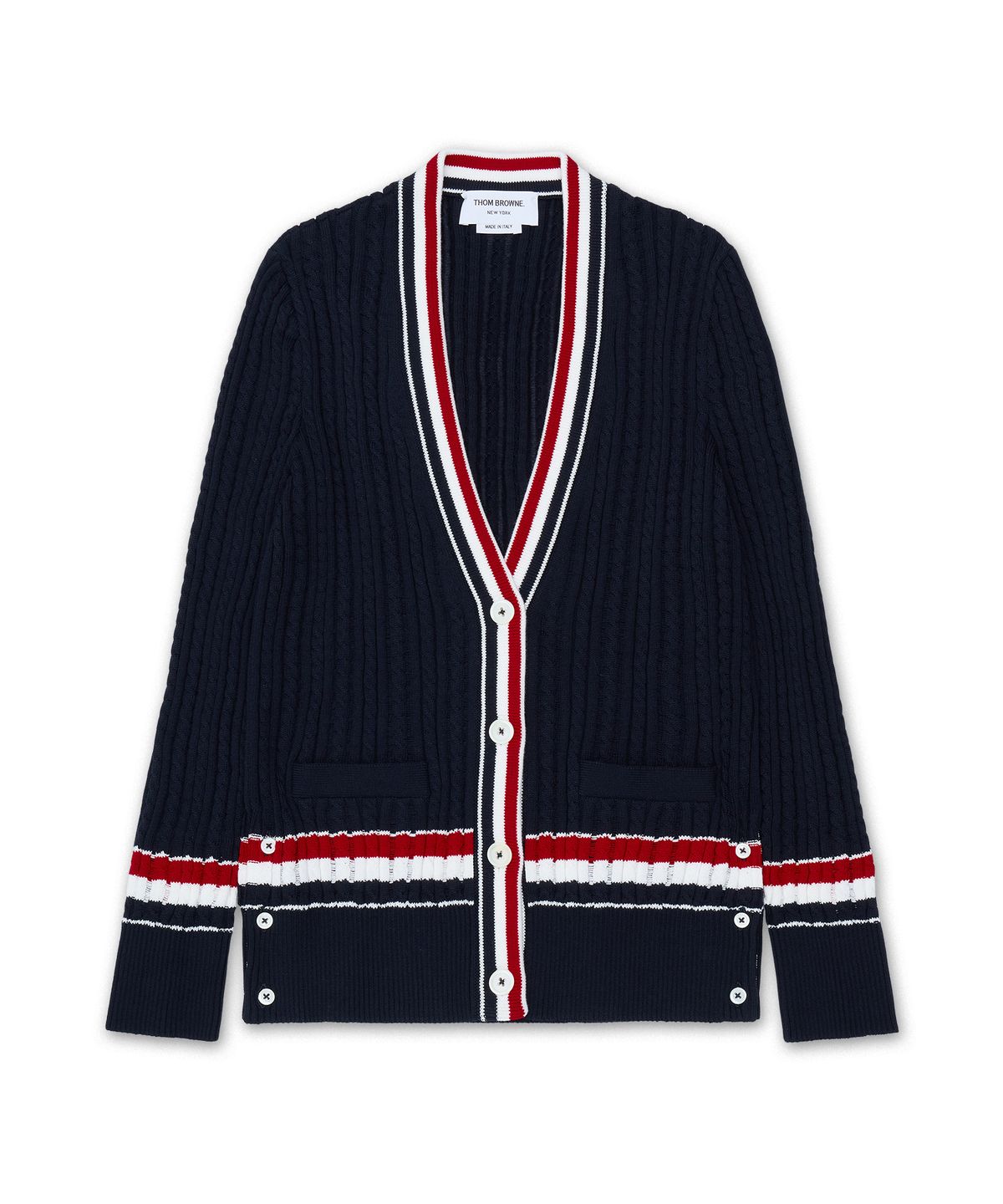 톰 브라운(THOM BROWNE) RWB 스트라이프 코튼 베이비 래더 케이블 브이넥 일롱게이티드 가디건 - 네이비 / FKC706AY3014415