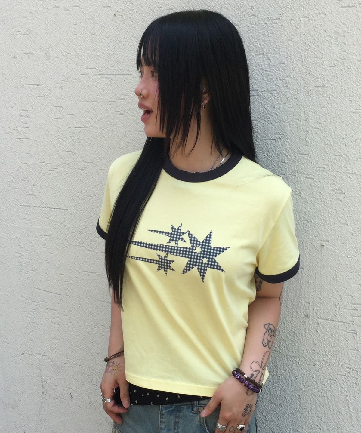 나이스고스트클럽(NICEGHOSTCLUB) CHECK 3STAR BASIC RINGER TEE_YELLOW(NG2GMUT537A)
