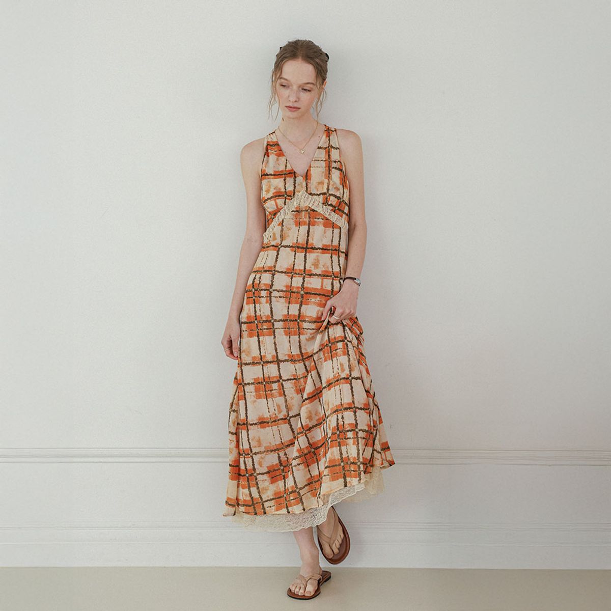 던드롭(DUNDROP) DD_Sunset plaid dress_ORANGE