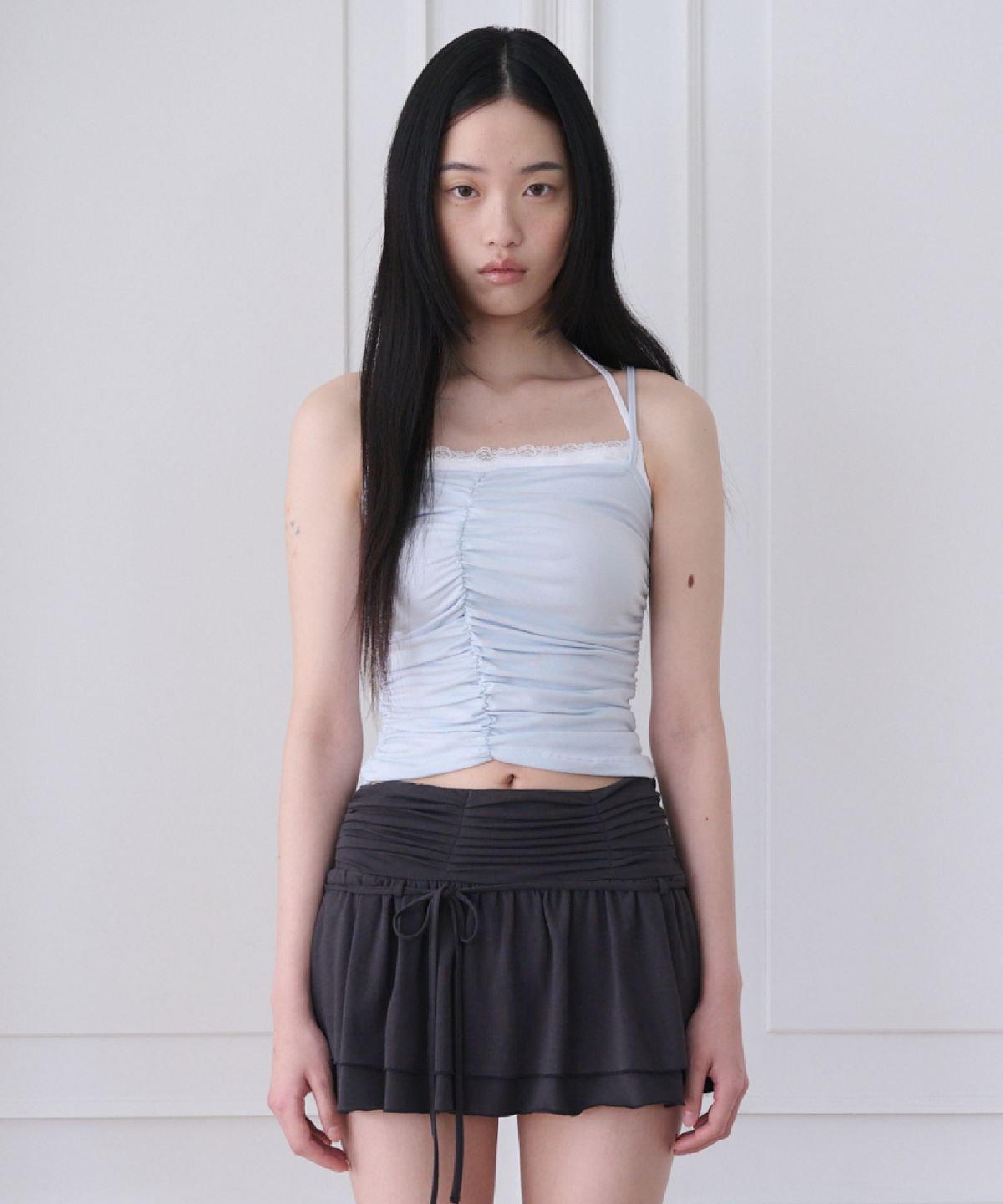 서울리(SEOULI) LAYERED LACE SHIRRING TOP [MISTY BLUE]